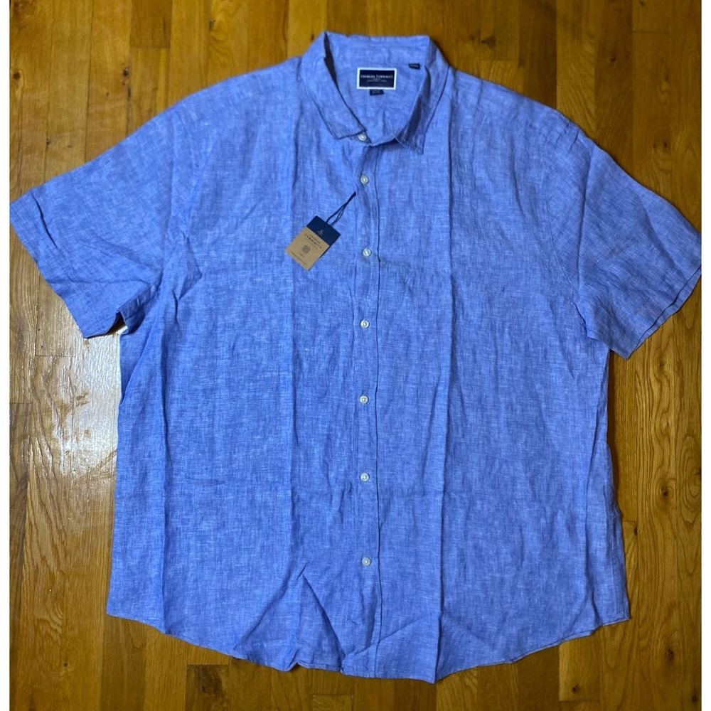 Charles Tyrwhitt Short Sleeve Button Up Shirt Mens 3XL Blue Linen Casual Preppy